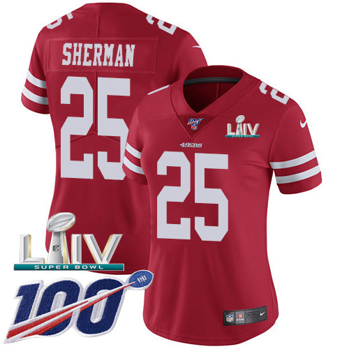 San Francisco 49ers Nike 25 Richard Sherman Red Super Bowl LIV 2020 Team Color Women Stitched NFL 100th Season Vapor Limited Jersey